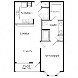 Floor plan for 1 bed, 1 bath, 754 sqft